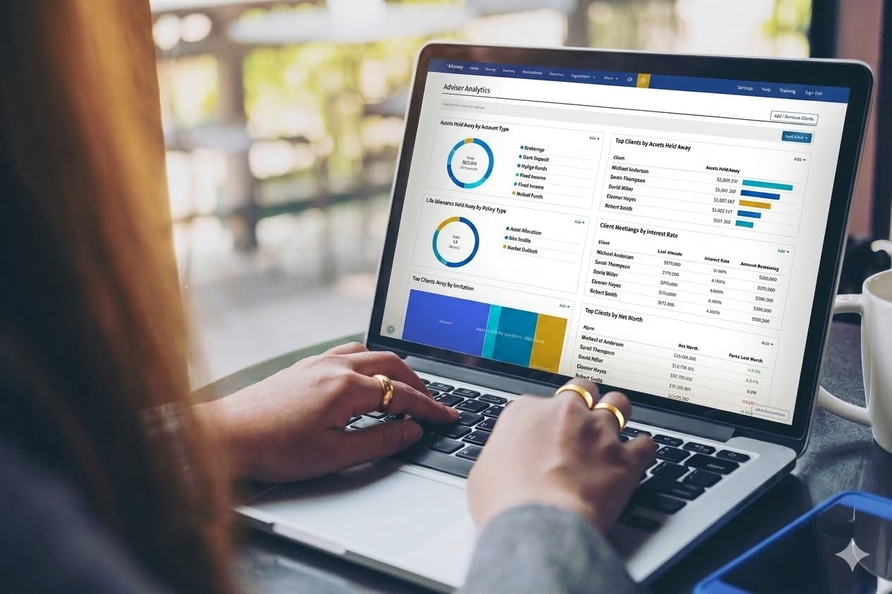 Illustrative eMoney advisory analytics dashboard on a laptop