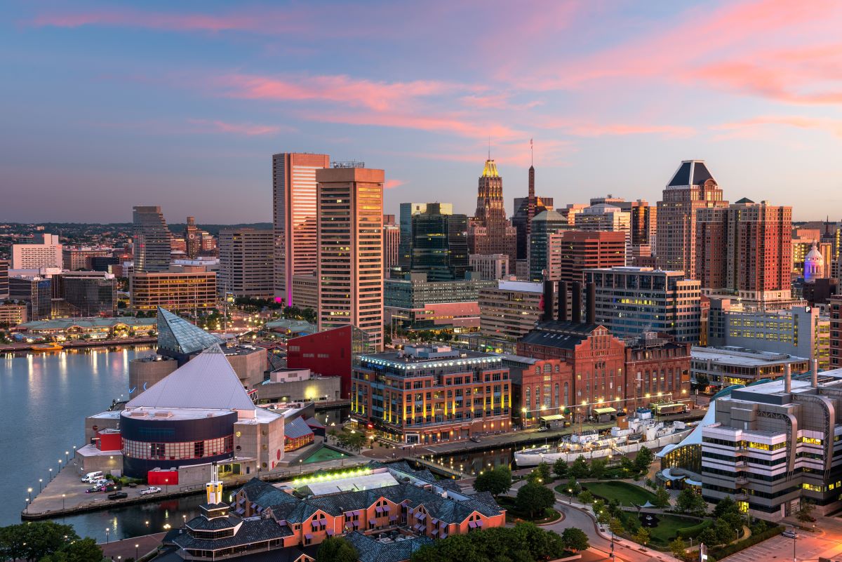 Baltimore Inner Harbor skyline at dusk
